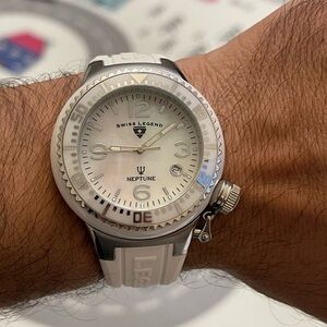 Swiss Legend Neptune Men’s MOP Date Dial St. Steel White Ceramic Watch Sporty